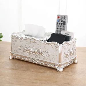 European ivory tissue box with 3D silver rose relief and multi-functional storage slots