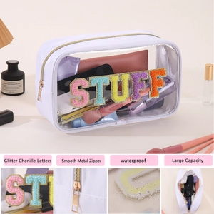 Waterproof clear PVC makeup bag with glitter chenille STUFF letters and smooth metal zipper
