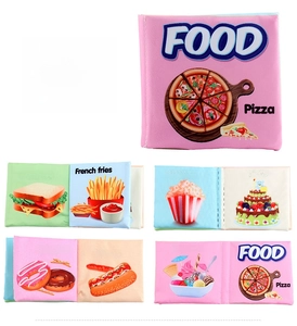 Detail showing 4 pages 8 sides soft cloth book for babies with food and dessert themes
