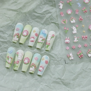 3D Embossed Nail Stickers Cartoon Rabbit Tulip Flower PET Self Adhesive Manicure Art Decoration Cute Matte Relief Decals