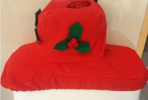 Detail showing red Santa toilet tank cover with green leaf and red berry decor