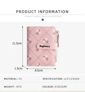 Detailed view of PU leather wallet with size dimensions 11.5 x 8.5 x 1.5 cm and 107g weight