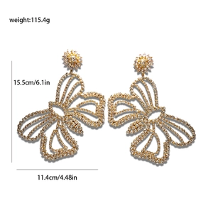 Vintage oversized butterfly floral drop earrings with rhinestones and golden finish