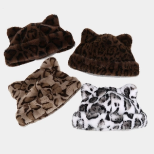 Winter faux fur leopard print hat with fox ears available in four stylish patterns