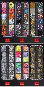 Detailed grid showing 12-slot cases of mixed nail art rhinestones, pearls and sequins