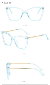 Three-angle view of butterfly frame glasses in translucent blue with gold metal temples