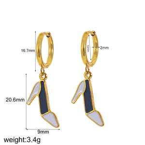 18k gold plated stainless steel hoop earrings with black and white enamel high heel charms