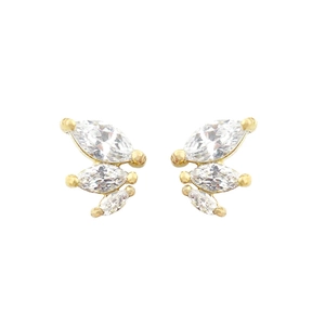 Close-up of golden S925 silver stud earrings with marquise-cut white opal stones