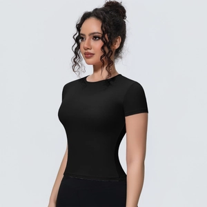 Close-up of slim fit black yoga t-shirt featuring breathable matte elastic fabric