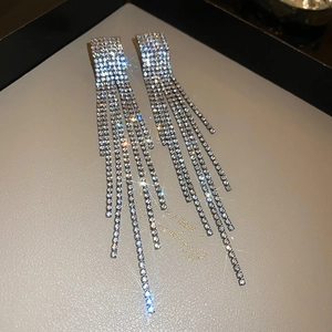 Long Tassel Drop Earrings Luxury Copper Rhinestone Dangle Jewelry With Silver Earring Post For Women Elegant Fashion