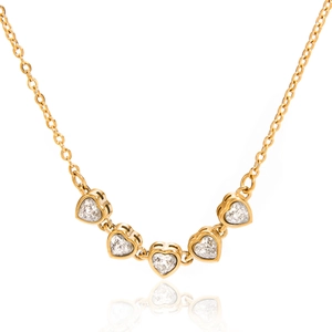 Elegant 18K gold-plated stainless steel necklace featuring five heart zircon stones on white background