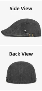 Side and back view of washed dark grey ivy cap with vintage metal adjustable buckles