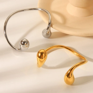 18K gold and silver stainless steel open bangle with stylish teardrop ends