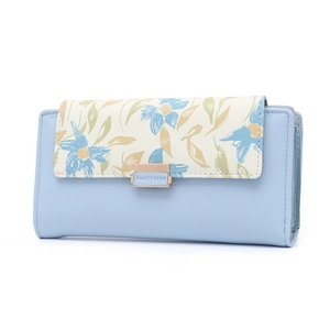 Detail of light blue floral print PU leather long wallet with elegant metal clasp