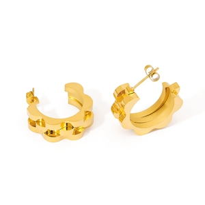 Polished golden C-shape stud earrings with a unique wavy edge design on white background