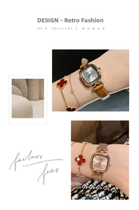Detailed view of elegant square quartz watches with leather and rose gold mesh straps