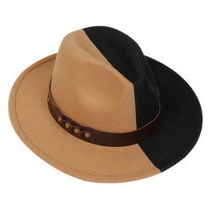 Close-up of two-tone wool fedora hat with brown rivet leather band in black and khaki