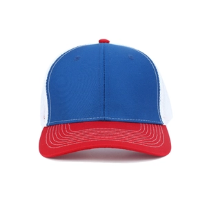 Detailed view of tricolor trucker hat with blue front, red brim, and white mesh panels