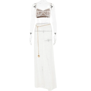 Elegant white lace two-piece set featuring backless crop top and fishtail long skirt