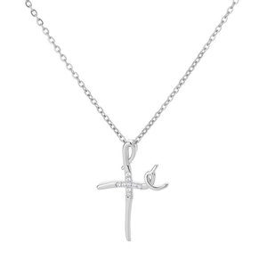 Silver necklace with Fé faith pendant and zircon cross on white background