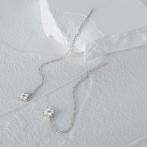 Detail of S925 sterling silver threader earring with a sparkling clover diamond pendant
