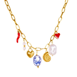Gold plated necklace featuring red chili, pearl, and blue ceramic heart pendants