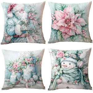 Mint green Christmas pillowcases set of 4 featuring Santa, reindeer, and snowman patterns