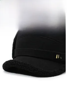 Close-up of winter wool baseball cap with black faux shearling trim and NY metal logo