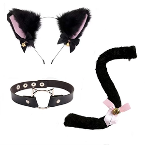 3-piece black cat cosplay set including furry ears headband, bell collar, and plush tail