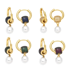 Elegant Hoop Dangle Earrings Copper Gold Plated With Zircon And Artificial Pearl Vintage Geometric Jewelry For Women