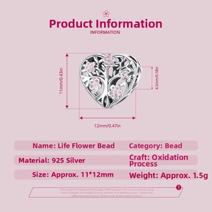 925 silver heart charm with pink flower details and Tree of Life hollow design dimensions