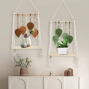 Bohemian Macrame Wall Hanging Shelf Handwoven Cotton Rope Wood Floating Shelf With Leaf Tassels Nordic Living Room Decor