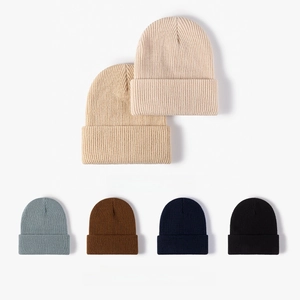 Winter Knitted Beanie Hat Ribbed Thick Warm Acrylic Folded Cuff Solid Color Outdoor For Men Women