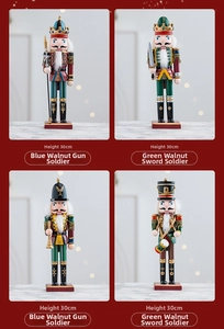 Set of four 30cm wooden nutcracker soldiers with spear, sword, trumpet, and drum