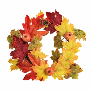 Autumn wreath with maple leaves and pumpkins for front door decoration on white background