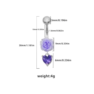 Tableau des tailles détaillé pour piercing nombril fleur rose et pendentif cœur violet
