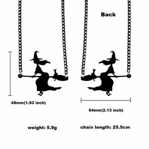 Gothic Halloween necklace featuring witch on a broomstick pendant in black silhouette style
