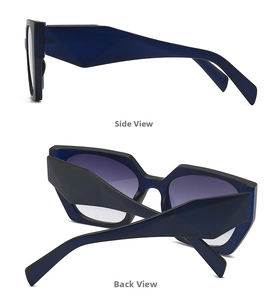 Macro detail of blue oversized geometric sunglasses frame with sharp side and back views