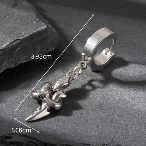 Detailed view of snake wrapping around a dagger earring showing length of 3.93cm and width of 1.06cm