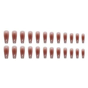 Long coffin gradient brown press-on nails with white wave patterns in a 24pcs set
