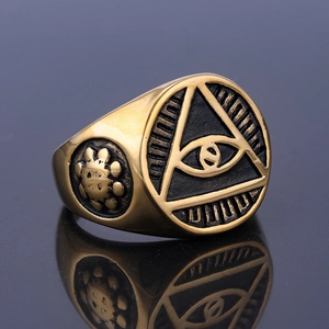 Men's Eye of Horus stainless steel ring in vintage gold finish with detailed engraving