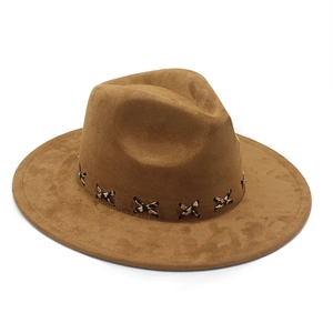 Brown suede jazz hat with leopard print stitched detail and wide brim for retro style