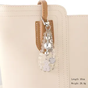 DIY pearl heart bear keychain for bags with silver metal pendants and leather strap