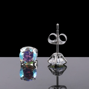 Macro detail of silver round claw-set earrings with iridescent stones and butterfly back