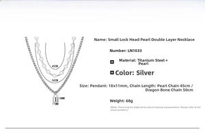 Double-layer titanium steel necklace with pearl chain and lock pendant size details