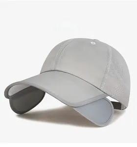 Detail of light grey outdoor sun hat with breathable side vents and retractable brim