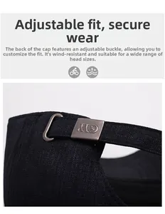 Detail of adjustable metal buckle on a baseball cap with engraved logo and cotton fabric