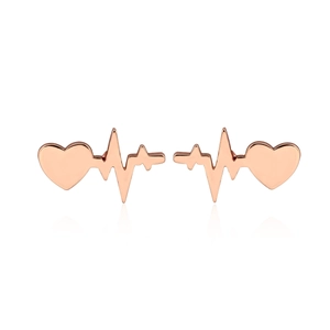 Minimalist rose gold heart and heartbeat earrings with polished mirror finish