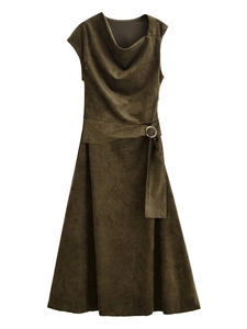 Detail of olive green faux suede midi dress with cowl neck and metallic belt buckle