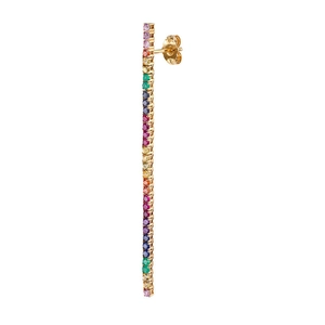 Macro detail of gold bar earrings with rainbow cubic zirconia and s925 silver needle